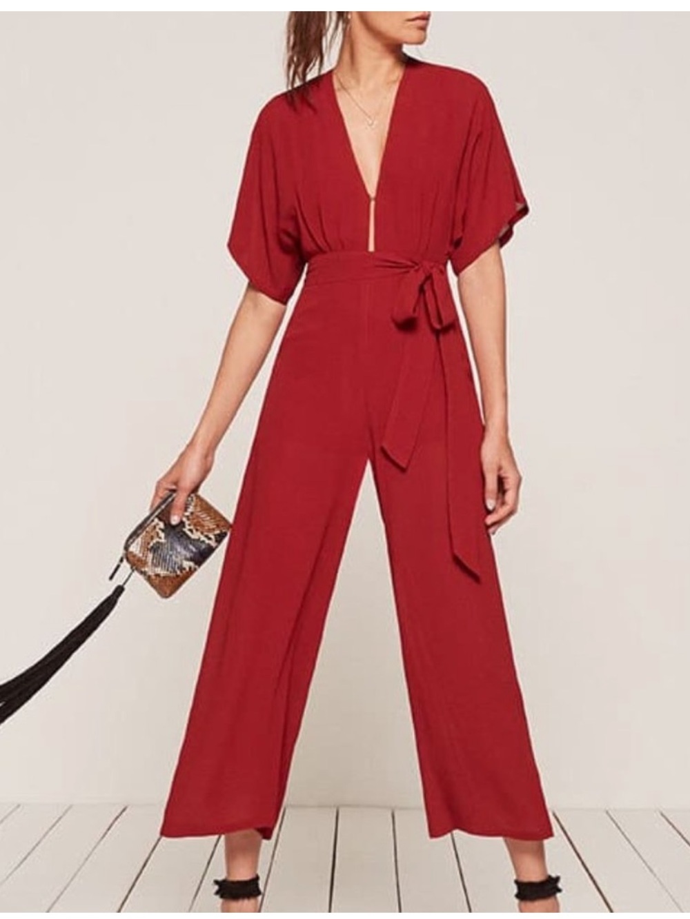Reformation Brick Red Wrap Jumpsuit with Tie Waist, size 4